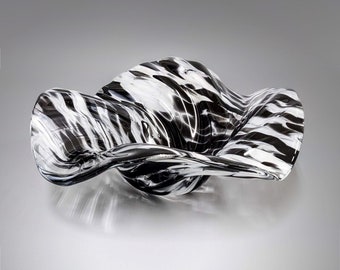 Glass Art Wave Bowl in Black White | Modern Decorative Fruit Bowls Handmade in Ohio