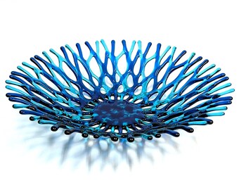 Beach Glass Art Coral Bowl | Sea Glass Art | Beach Themed Table Décor Shelf Art in Aqua Green Sapphire Blue | Birthday Gift Ideas