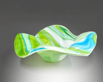 Glass Art Wave Bowl | Modern Decorative Centerpiece Bowl in Green Blue and White | Unique Handcrafted Home Décor Gift Ideas