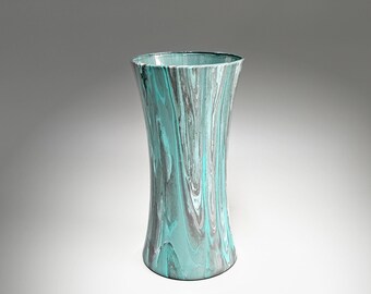 Abstract Painted Vase in Aqua and Gray | 8, 10.25 Inch Tall Fluid Art Flower Vase | Contemporary Home Décor | Unique Acrylic Pour Gift Ideas