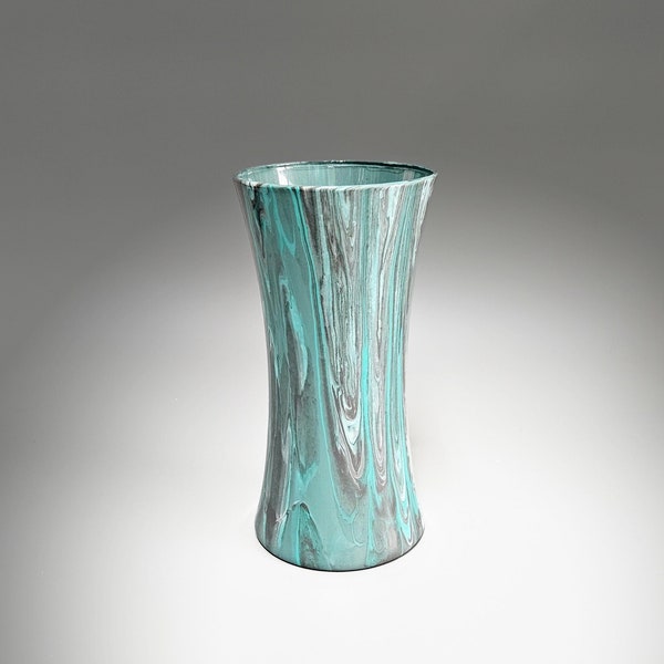 Abstract Painted Vase in Aqua and Gray | 8, 10.25 Inch Tall Fluid Art Flower Vase | Contemporary Home Décor | Unique Acrylic Pour Gift Ideas