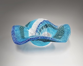 Glass Art Ocean Waves Bowl | Rolling Breaking Wave Sea Blue Glass Bowl | Beach House Fruit Bowl Gift Ideas