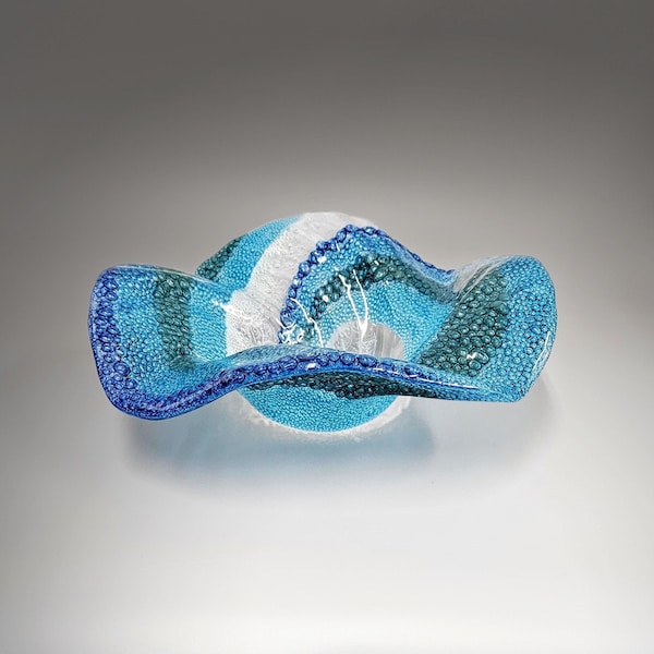 Glass Art Ocean Waves Bowl | Rolling Breaking Wave Sea Blue Glass Bowl | Beach House Fruit Bowl Gift Ideas