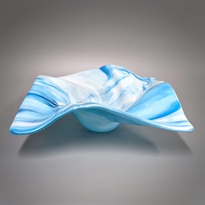 Glass Art Wave Bowl Azure Blue White | Modern Decorative Sculpture Bowl | Handcrafted in Ohio | Unique Gift Ideas | IMPERFECT