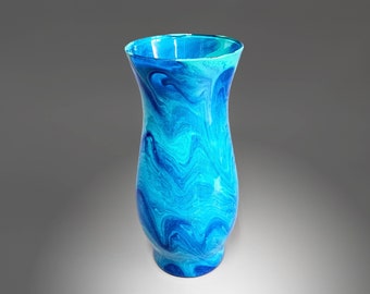 Glass Art Painted Vase in Aqua and Blue | Fluid Art Flower Vase | Contemporary Home Décor | Unique Acrylic Pour Gift Ideas