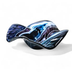 Glass Art Wave Bowl in Stormy Indigo Blue and White | Decorative Coffee Table Décor | Dark Blue Sparkles | Unique Home Décor Gift Ideas