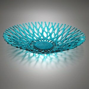 Lacy Glass Art Sea Coral Fruit Bowl | Ocean Life Centerpiece | Beach Themed Table Decor Shelf Art in Aquamarine Blue Green | Gift Ideas