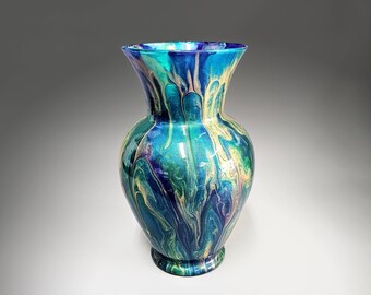Peacock Feather Painted Vase in Teal Turquoise Gold Purple Fluid Art ...