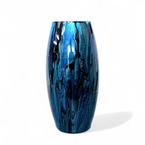 Teal Cobalt Black Glass Vase | 10 Inch Tall Fluid Art Flower Vase | Abstract Contemporary Home Décor | Acrylic Pour Gift Ideas