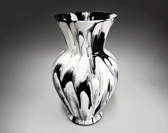 Fluid Art Vase in Black and White | Glass Art Acrylic Pour Painted Vase | 11 Inch Tall Large Centerpiece Vase | Modern Home Décor Gifts