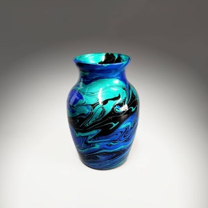 Glass Art Painted Vase in Teal Aqua Turquoise Blue Fluid Art Flower Vase Contemporary Home Décor Unique Acrylic Pour Gift Ideas image 4