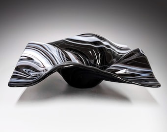 Glass Art Wave Bowl in Black and White | Modern Square Decorative Centerpiece Bowls | Unique Gift Ideas