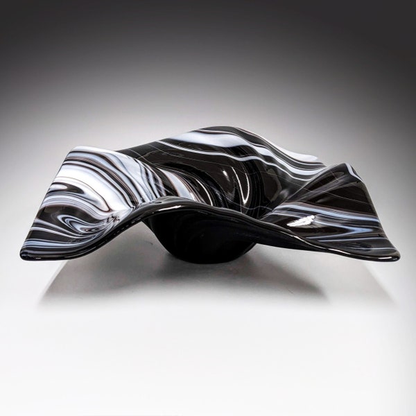 Glass Art Wave Bowl in Black and White | Modern Square Decorative Centerpiece Bowls | Unique Gift Ideas