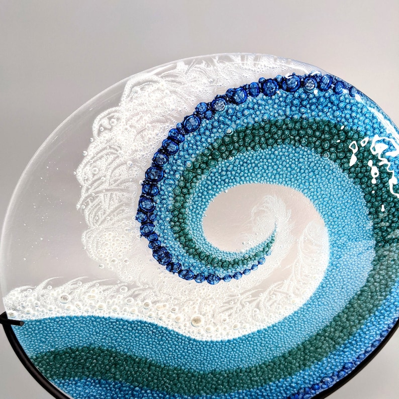 Fused Glass Art Panel Round Crashing Ocean Waves Rolling Breaking Wave Sea Blue Glass Beach Surf Theme Unique Birthday Gifts image 4