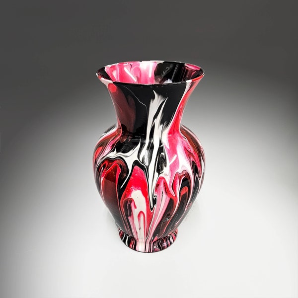 Glass Vase in Red Black and White | Fluid Art Painted Vase | 11 Inch Tall Large Centerpiece Flower Vase | Modern Home Décor | Unique Gifts