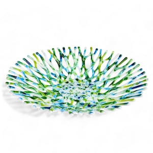 Glass Art Coral Bowl | Sea Glass Art Beach Kitchen Décor | Coastal Chic Fruit Bowl in Lime Green Azure Blue and White | Gift Ideas