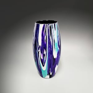Abstract Aqua Purple Black White Glass Vase | 10 Inch Tall Fluid Art Flower Vase | Contemporary Home Décor | Acrylic Pour Gift Ideas