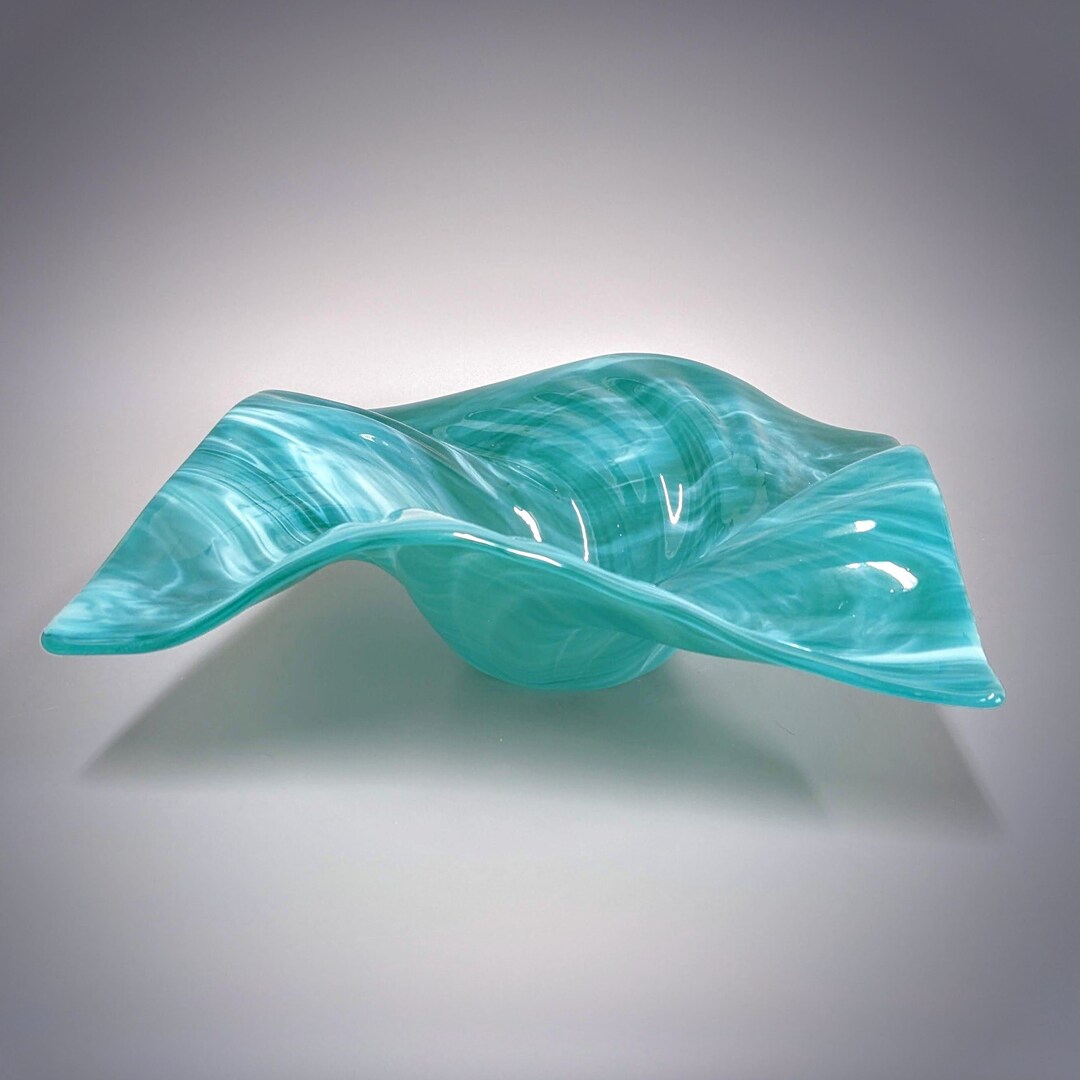 Glass Art Wave Bowl in Aqua Blue Green and White Decorative Coffee