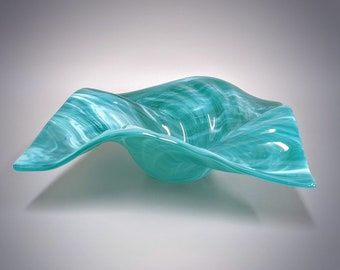 Glass Art Wave Bowl in Aqua Blue Green and White | Decorative Coffee Table Décor | Unique Gift Ideas