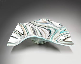 Glass Art Wave Bowl in Aqua Gray and White | Modern Square Decorative Centerpiece Bowls | Unique Gift Ideas