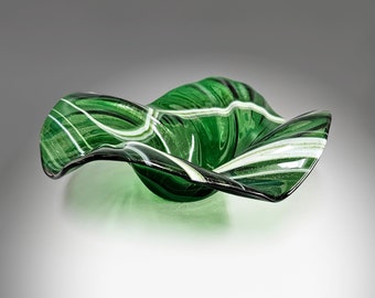 Glass Art Wave Bowl Kelly Green White and Aventurine Sparkles | Decorative Coffee or Dining Table Centerpiece | Christmas Green Gift Ideas