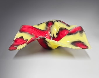 Glass Art Wave Bowl in Yellow Red and Black | Decorative Coffee Table Décor | Unique Home Décor | One of a Kind Gift Ideas