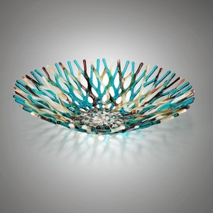 Fused Glass Art Sea Coral Bowl | Ocean Life | Beach Themed Table Decor Shelf Art in Aqua Blue Green Tan Warm Brown | Coastal Chic Gift Ideas