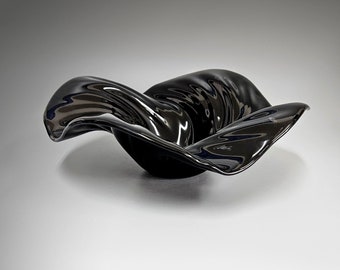 Glass Art Wave Bowl in Black | Modern Art Glass Decorative Bowls | Glass Sculptures Handmade in Ohio | Unique Gift Ideas