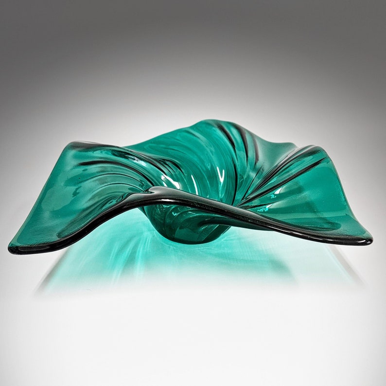 Glass Art Wave Bowl in Emerald Teal Modern Decorative Centerpiece Bowls Handmade in Ohio Unique Gift Ideas image 2