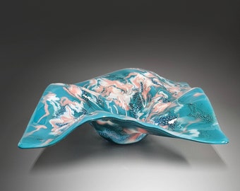 Glass Art Square Wave Bowl in Teal White Pink | Decorative Coffee Table Décor | Unique Home Décor | One of a Kind Gift Ideas