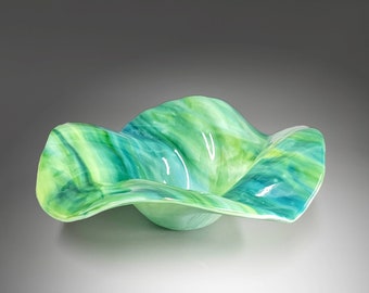 Glass Art Sculptured Wave Bowl in Greens Blues | Decorative Coffee Table Décor | Unique Home Décor | One of a Kind Gift Ideas