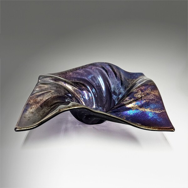 Glass Art Wave Bowl in Purple Metallic Oil Slick | Modern Industrial Square Centerpiece Bowl | Unique Handcrafted Gift Ideas