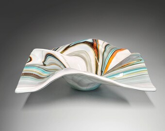 Glass Art Wave Bowl in Aqua Turquoise Orange | Modern Square Decorative Centerpiece Bowls | Unique Home Décor Gift Ideas