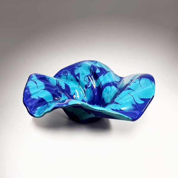 Glass Art Wave Bowl in Turquoise Navy Blue | Decorative Centerpiece Bowl | Unique Home Décor Gift Ideas for Mom | One of a Kind Gifts