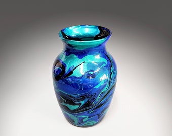 Glass Art Painted Vase in Teal Aqua Turquoise Blue | Fluid Art Flower Vase | Contemporary Home Décor | Unique Acrylic Pour Gift Ideas