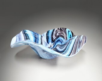 Glass Art Wave Bowl in Shaded Blues and Purple | Modern Art Glass Decorative Bowl | Handmade in Ohio | Unique Gift Ideas