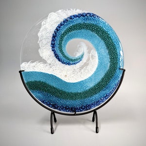 Fused Glass Art Panel Round Crashing Ocean Waves Rolling Breaking Wave Sea Blue Glass Beach Surf Theme Unique Birthday Gifts image 3