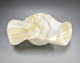 Glass Art Wave Bowl in Buttercream and Milky White | Square or Round | Decorative Coffee Table Centerpiece | Unique Gift Ideas