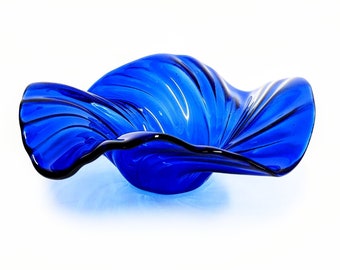 Glass Art Wave Bowl in Bright Electric Blue | Modern Art Glass Decorative Bowl | Glass Sculptures Handmade in Ohio | Unique Gift Ideas