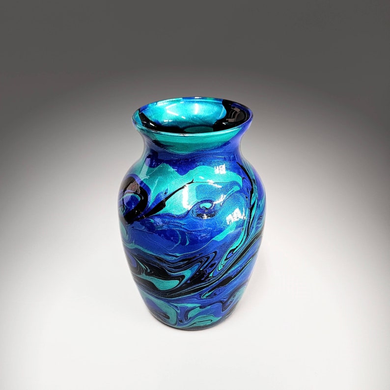 Glass Art Painted Vase in Teal Aqua Turquoise Blue | Fluid Art Flower Vase | Contemporary Home Décor | Unique Acrylic Pour Gift Ideas