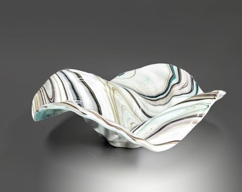 Wave Bowl in Aqua Gray White Brown | Modern Decorative Glass Art Bowls | Handmade in Ohio | Unique Gift Ideas