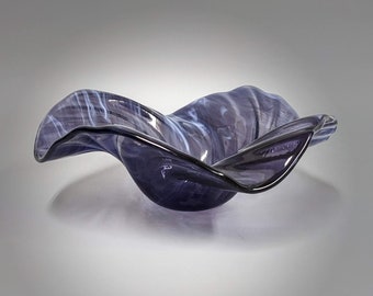 Glass Art Wave Bowl in Bluish Grape Purple White | Decorative Coffee Table Décor Centerpiece | Unique Home Décor Gift Ideas
