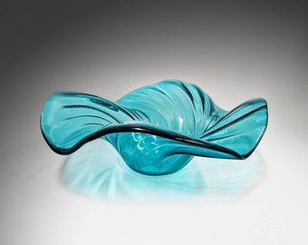 Glass Art Aqua Wave Bowl | Rolling Breaking Wave Sea Blue Green Glass Bowl | Beach House Fruit Bowl Gift Ideas