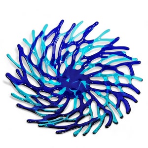 Coral in Motion Art Glass Bowl | Beach Themed Table Decor Shelf or Wall Art in Aqua Cobalt Blue | Unique Gift Ideas