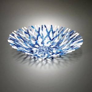 Fused Glass Art Coral Bowl | Ocean Life | Beach Themed Coffee Table Decor in Denim Blue and White | Birthday Gift Ideas