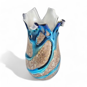 Charles Lotton Art Glass Lava Vase in Tan Blue | Large 9 Inch with Curled Rim | Signed Dated 1995