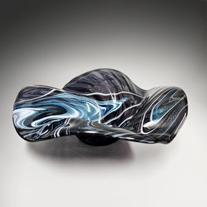 Glass Art Wave Bowl in Stormy Indigo Blue and White | Decorative Coffee Table Décor | Dark Blue Sparkles | Unique Home Décor Gift Ideas