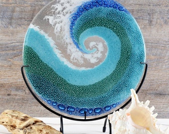 Fused Glass Art Panel Round Crashing Ocean Waves | Rolling Breaking Wave Sea Blue Glass | Beach Surf Theme | Unique Birthday Gifts