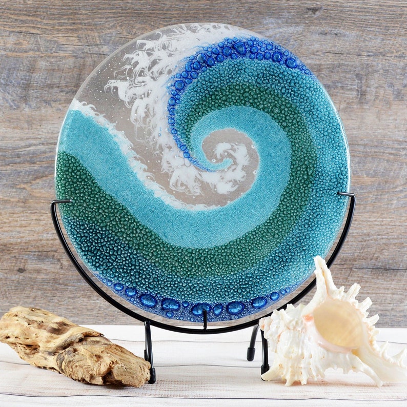 Fused Glass Art Panel Round Crashing Ocean Waves | Rolling Breaking Wave Sea Blue Glass | Beach Surf Theme | Unique Birthday Gifts | The Glass Rainbow