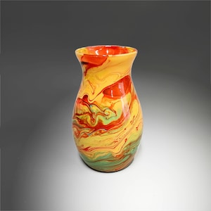 Glass Art Vase in Aqua Orange Yellow Hand-Painted Fluid Art Decor